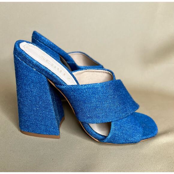 Schutz Callie Denim Tec Jeans Block Heel Sandal 5.5B New - Picture 1 of 7